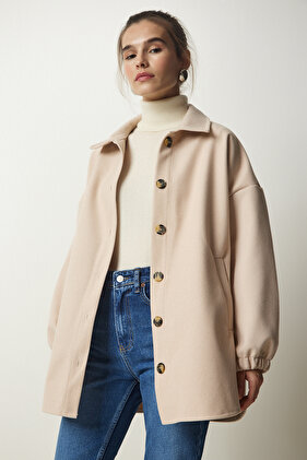 Women's Beige Buttoned Oversize Shirt Jacket with Pockets DD01263