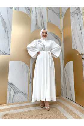 Shoulder Stone Embroidered Waist Tie Ferace 7805 Ecru