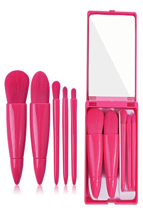 مجموعة فرش مكياج محمولة باللون الوردي الداكن مكونة من 5 قطع لظلال العيون وكريم الأساس ومزج أحمر الخدود