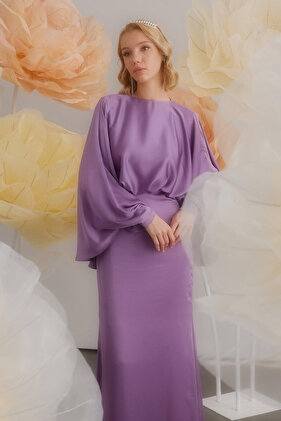 Silk Satin Cape Evening Dress Lavender