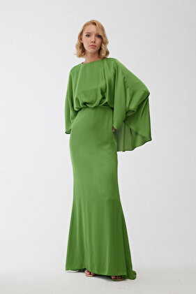 Silk Satin Cape Evening Dress Pistachio Green