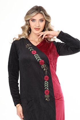 Women's Black Collar Embroidery Detailed Velvet Dress