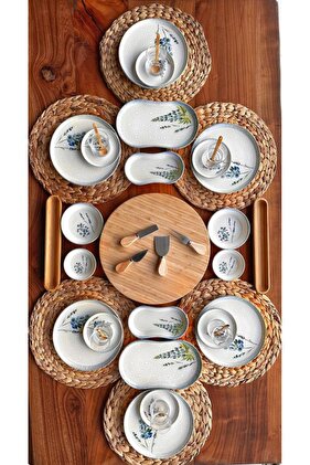 بورسلين عشبي 45 قطعة - طقم إفطار من الخيزران - طقم فاخر لعرض الإفطار