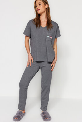 Gray 100% Cotton Printed Pocket Oversized Fit T-shirt-Pants Knitted Pajama Set THMSS23PT00151
