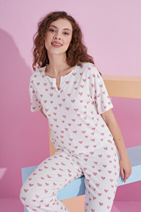 white heart patterned Lycra Knitted Pajama Set