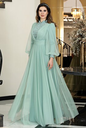 فستان سهرة حجاب مزين بالدانتيل وسيران