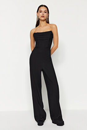 Fekete fűző részletes szőtt jumpsuit TPRSS24TU00002