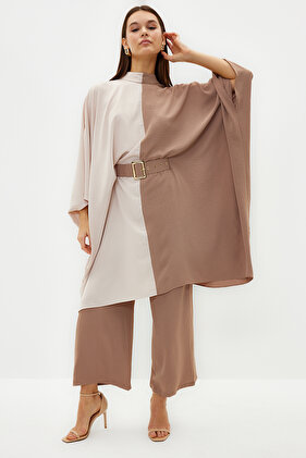 Taupe Color Block Belted Tunic-Pants Woven Set TCTSS23US00046