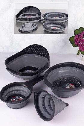 Katlanır Mutfak Seti 4 Parça Süzgeç Seti Gri - 4’lü Katlanır Süzgeç-akardiyon Sügeç Seti