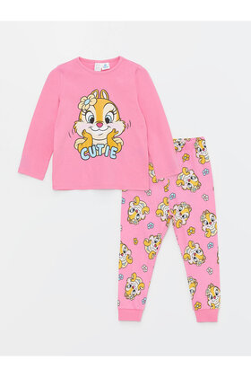 طقم بيجامة للفتيات الصغيرات برقبة دائرية وأكمام طويلة مطبوع عليها Chip'n Dale
