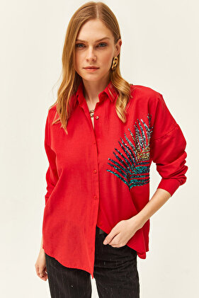 Women's Red Palm Sequin Detailed Oversize Woven Poplin Shirt GML-19001016