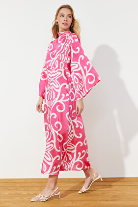 Ecru Fuchsia Patterned Satin Woven Evening Dress TCTSS24DB00017