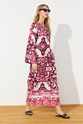 Fuchsia Satin Ethnic Pattern Evening Dress Jalabiya Dress Tctss23Db00028