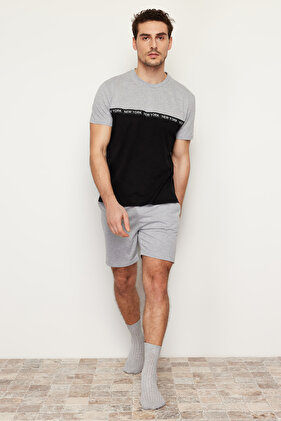 طقم بيجامة محبوكة بخصر مطاطي أسود ورمادي مع شورت TMNSS24PT00005