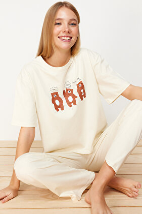 طقم بيجامة محبوكة على شكل دمية دب من القطن 100% باللون البيج THMSS23PT00134