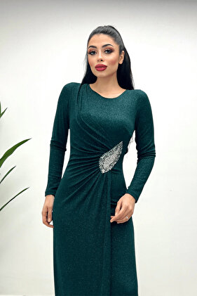 فستان سهرة من القماش اللامع بتفاصيل على شكل سمكة - أخضر زمردي