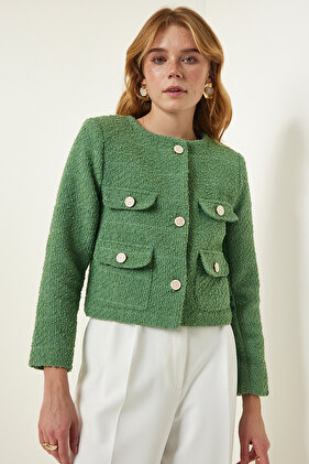 Green Stylish Buttoned Tweed Jacket HM00063