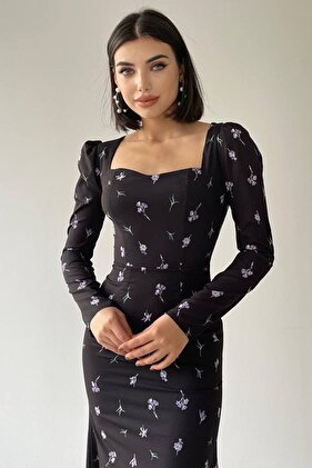 فستان سهرة أسود منقوش بالزهور من قماش الكريب بياقة مربعة وأكمام طويلة مقاس متوسط 208