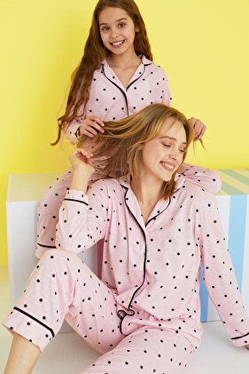 Pink Black Score Patterned Buttoned Piping Knitted Pajamas Set