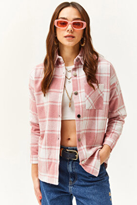 Women's Ecru Dried Rose Single Pocket Thick Plaid Lumberjack Shirt GML-19000736