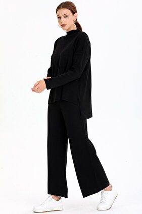 Stand Collar Stripe Detailed Short Front Long Back Sweater Elastic Waist Straight Leg Trousers Double Knitwear Set
