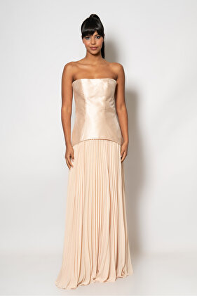 Chiffon strapless evening dress with top bodice and six pleats