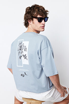 Gray Floral PrinTed Wide CuT CoTTon T-Shirt - TMNSS21TS1223