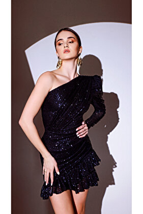 Lacivert Payetli Tek Omuz Elbise