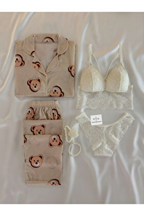 مجموعة ملابس داخلية بيجامة بأكمام طويلة مكونة من 4 قطع من لاتيه تيدي بير