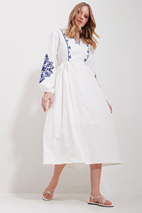 White V-Neck Lined Inside Linen Embroidered Midi Length Dress ALC-X11569
