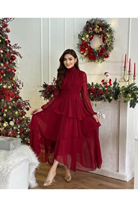 فستان نسائي شيفون ميدي أحمر - تصميم كامل