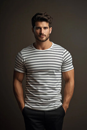 White Regular/Normal Fit Striped 100% Cotton T-Shirt Tmnss24Ts00079