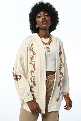 Women's Beige Standard Size Full Embroidery Embroidered Sequin Embroidery Oversize Jacket