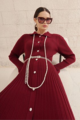 Viva Kemerli Triko Elbise - Bordo