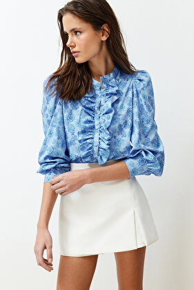 Blue Stand Collar Frilled Chiffon Floral Woven Shirt TWOAW22GO0117
