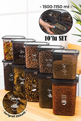 Beyaz Serigrafi Etiketli 10lu Peggy Dikdörtgen Saklama Kabı Seti 5x(1500-1150 Ml) Antrasit