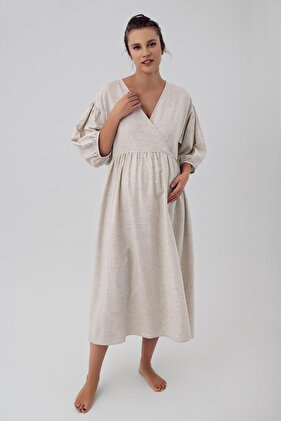 فستان حمل مزدوج الصدر بأكمام نصف بالون من الكتان