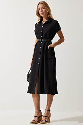 Women's Black Belted Woven Dress MX00155