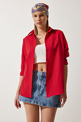 Women's Red Oversize Long Basic Shirt DD00842