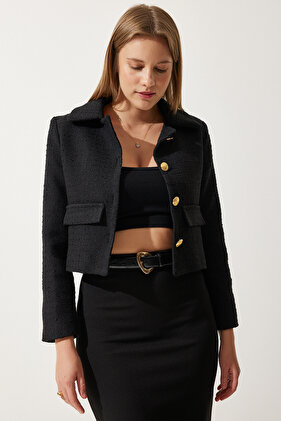 Women's Black Crop Tweed Blazer Jacket TO00039
