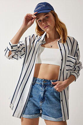 Women's White Navy Blue Striped Oversize Poplin Shirt FF00155