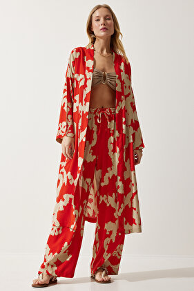 طقم بنطلون كيمونو بالازو من الفيسكوز باللون البيج البرتقالي للنساء CI00086