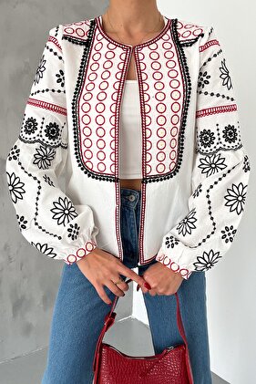 Women's Balloon Sleeve Embroidered Cotton Jacket
