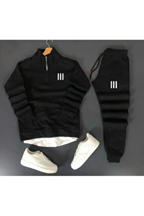 طقم سويت شيرت رياضي بنصف سحاب مطبوع بثلاثة خطوط للجنسين