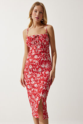 فستان نسائي صيفي محبوك باللون الأبيض والأحمر الزهري CI00029