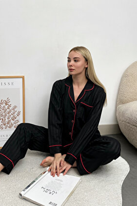 طقم بيجامة نسائي أسود بجيب واحد من الساتان القطني الفاخر Alc-X11663