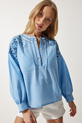 Women's Sky Blue Embroidered Linen Blouse ES00153