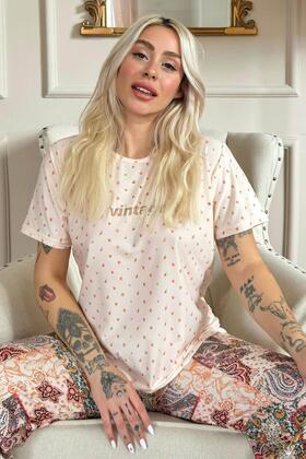 Beige Vintage Patterned Short Sleeve Knitted Women's Pajamas Set