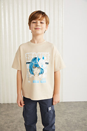 BRODERICK-GRM24013 100% cotton printed short sleeve T-shirt for boys Beige T-Shirt