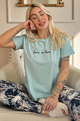 Mint Love is Love Patterned Short Sleeve Knitted Women's Pajamas Set
